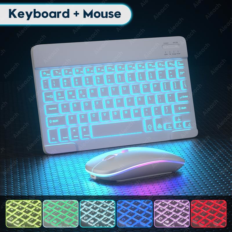 Kit Teclado e Mouse Wireless Bluetooth RGB para Ipad Tablet e Windows
