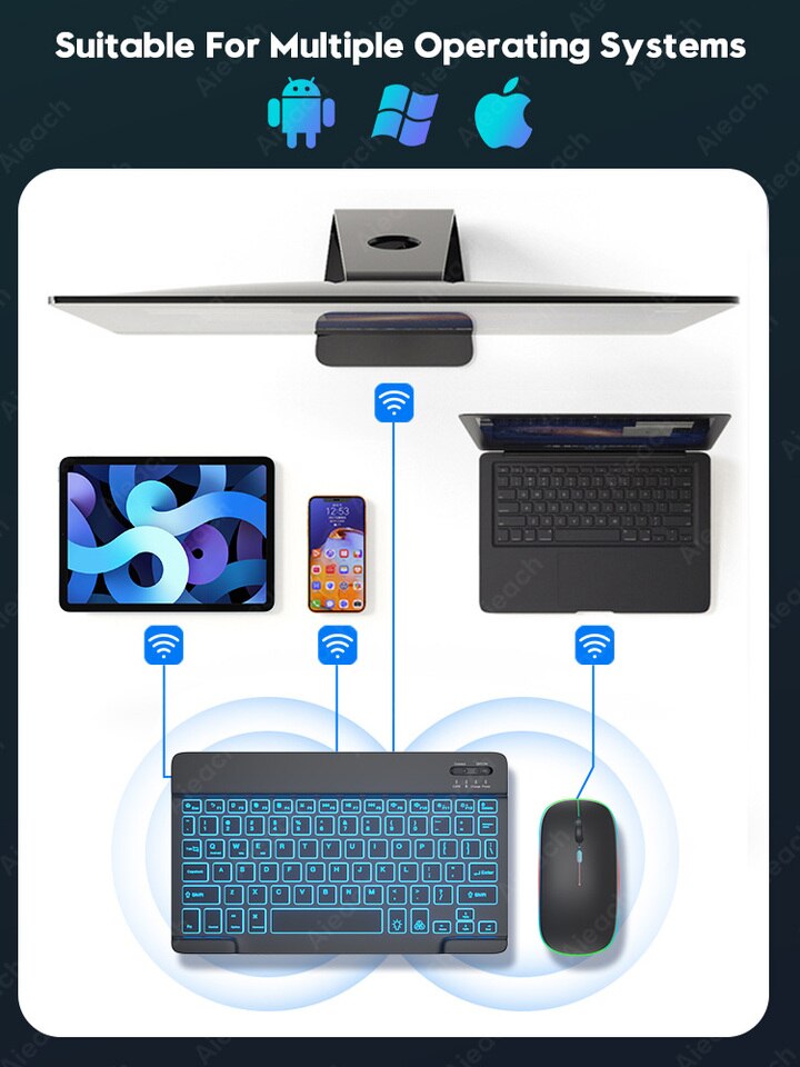 Kit Teclado e Mouse Wireless Bluetooth RGB para Ipad Tablet e Windows - Imagem 5