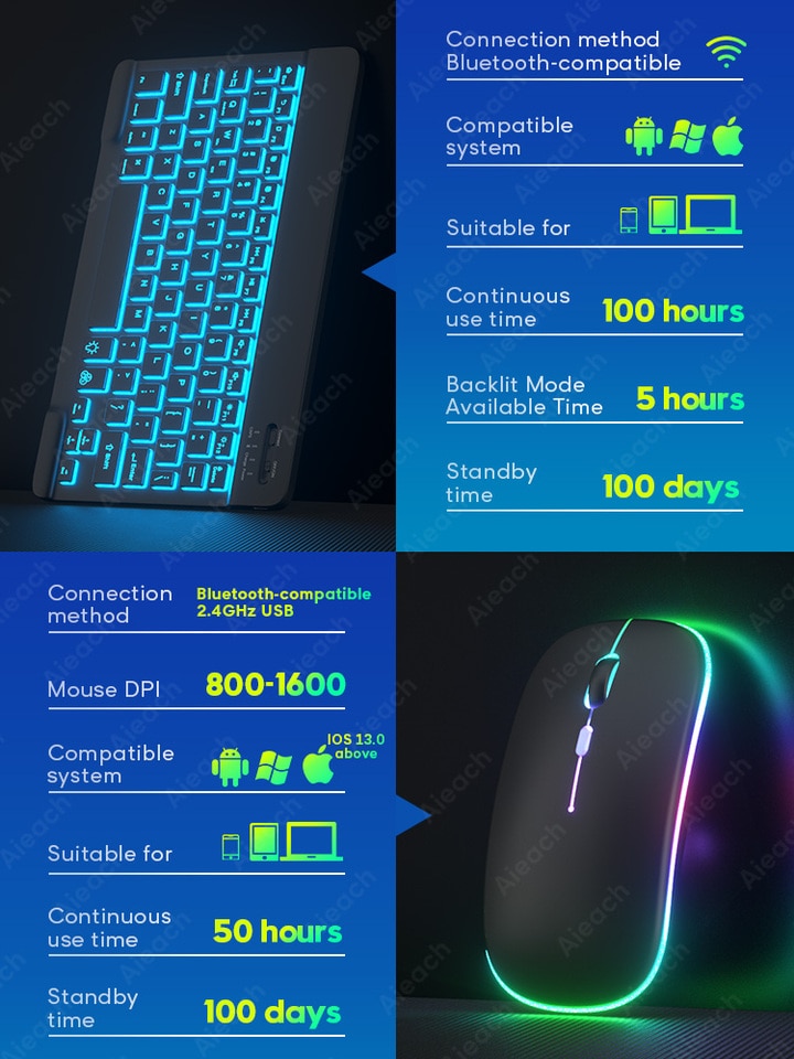Kit Teclado e Mouse Wireless Bluetooth RGB para Ipad Tablet e Windows - Imagem 2